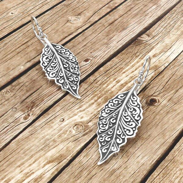 Solid 925 Sterling Silver Oxidised Large Leaf Dangle Earrings - Image 2
