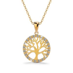 Tree In Circle of Life Pendant Necklace Gold